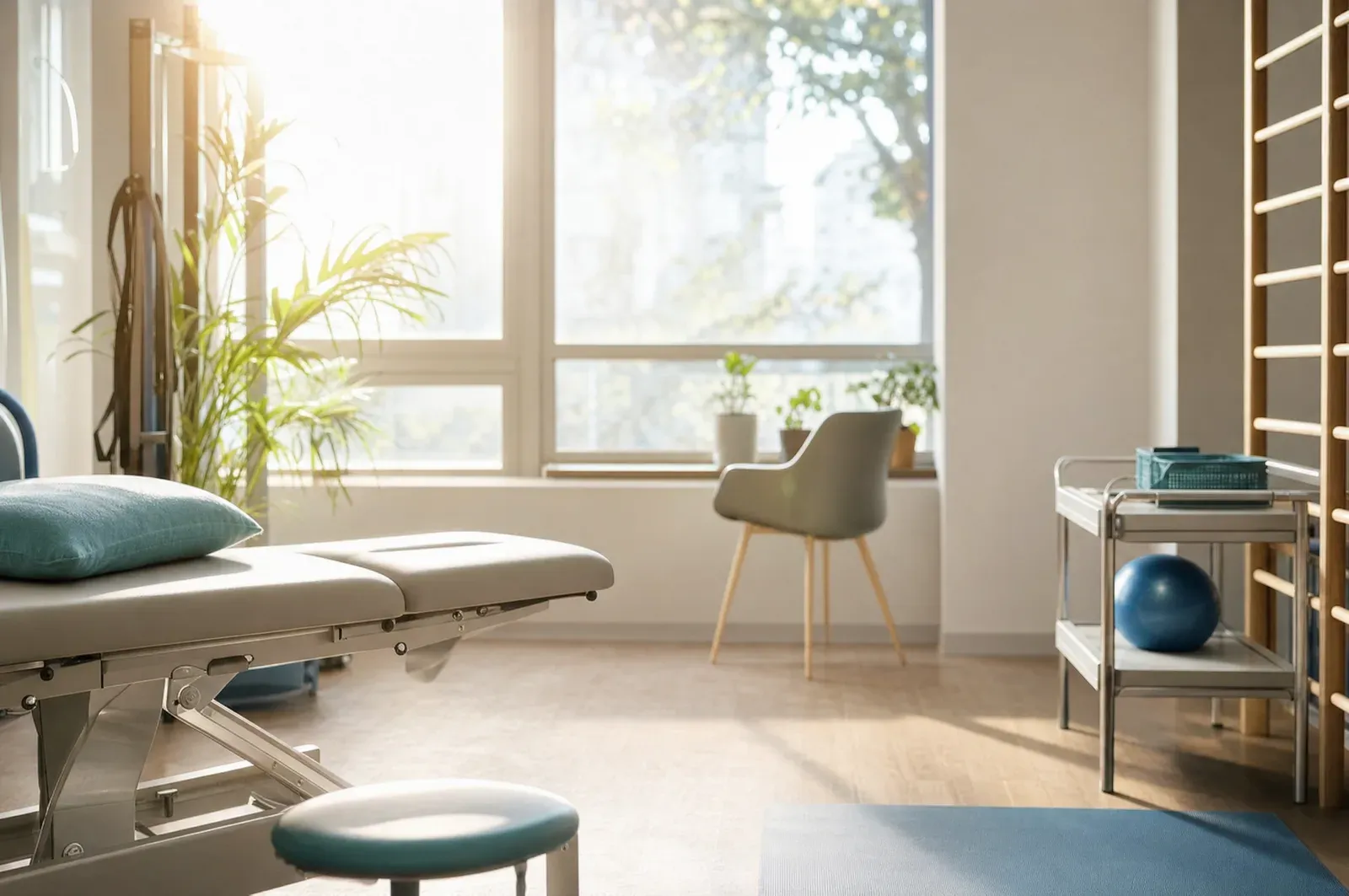 Morning sunlight falling through tall windows across a quiet, empty treatment room.