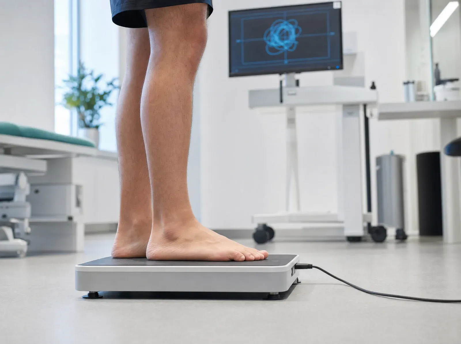 A patient's bare feet standing on a digital force plate, with a sway trace on a monitor behind.