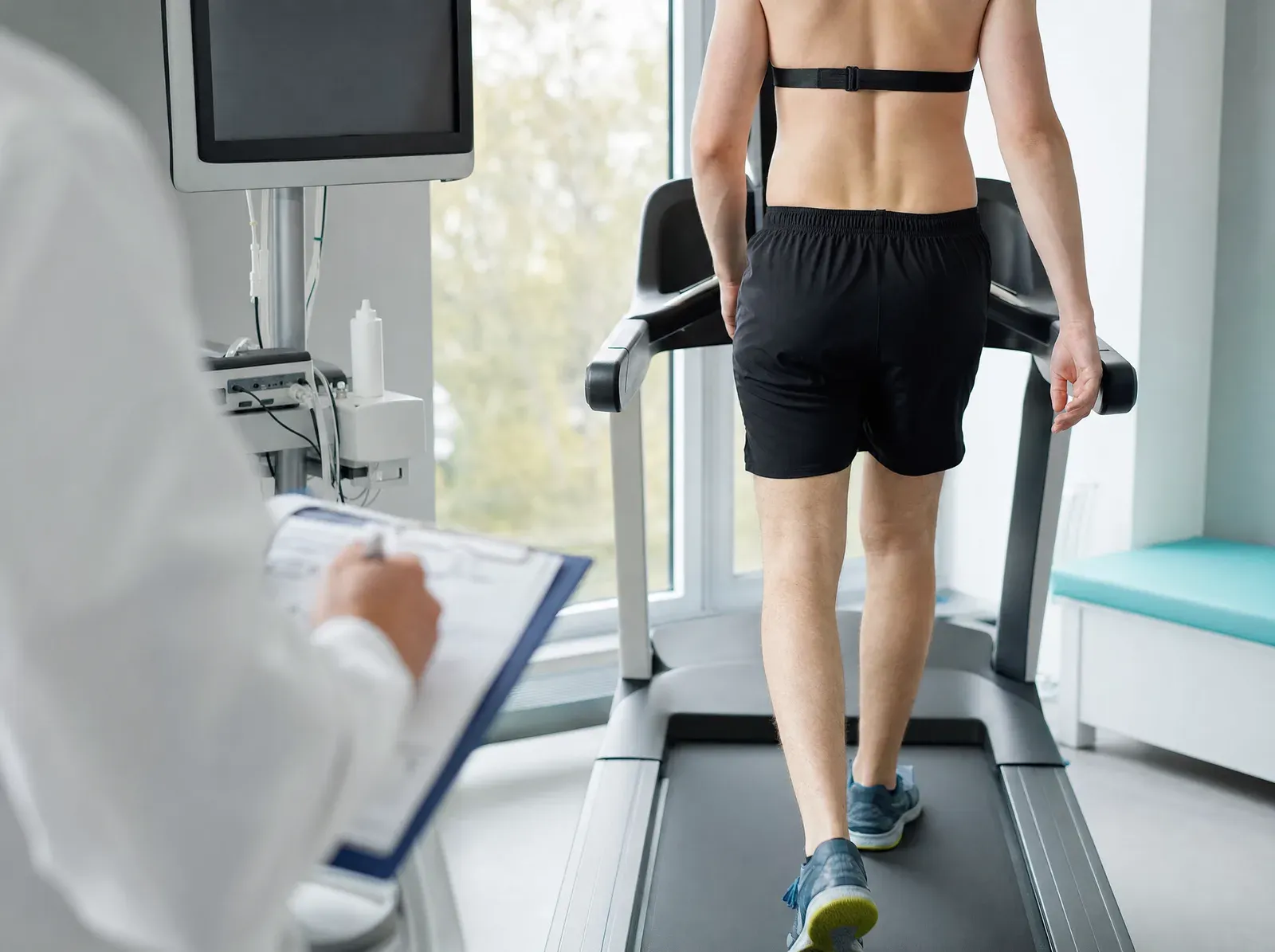 A patient walking on a treadmill wearing a heart-rate strap, with a clinician recording results on a clipboard.