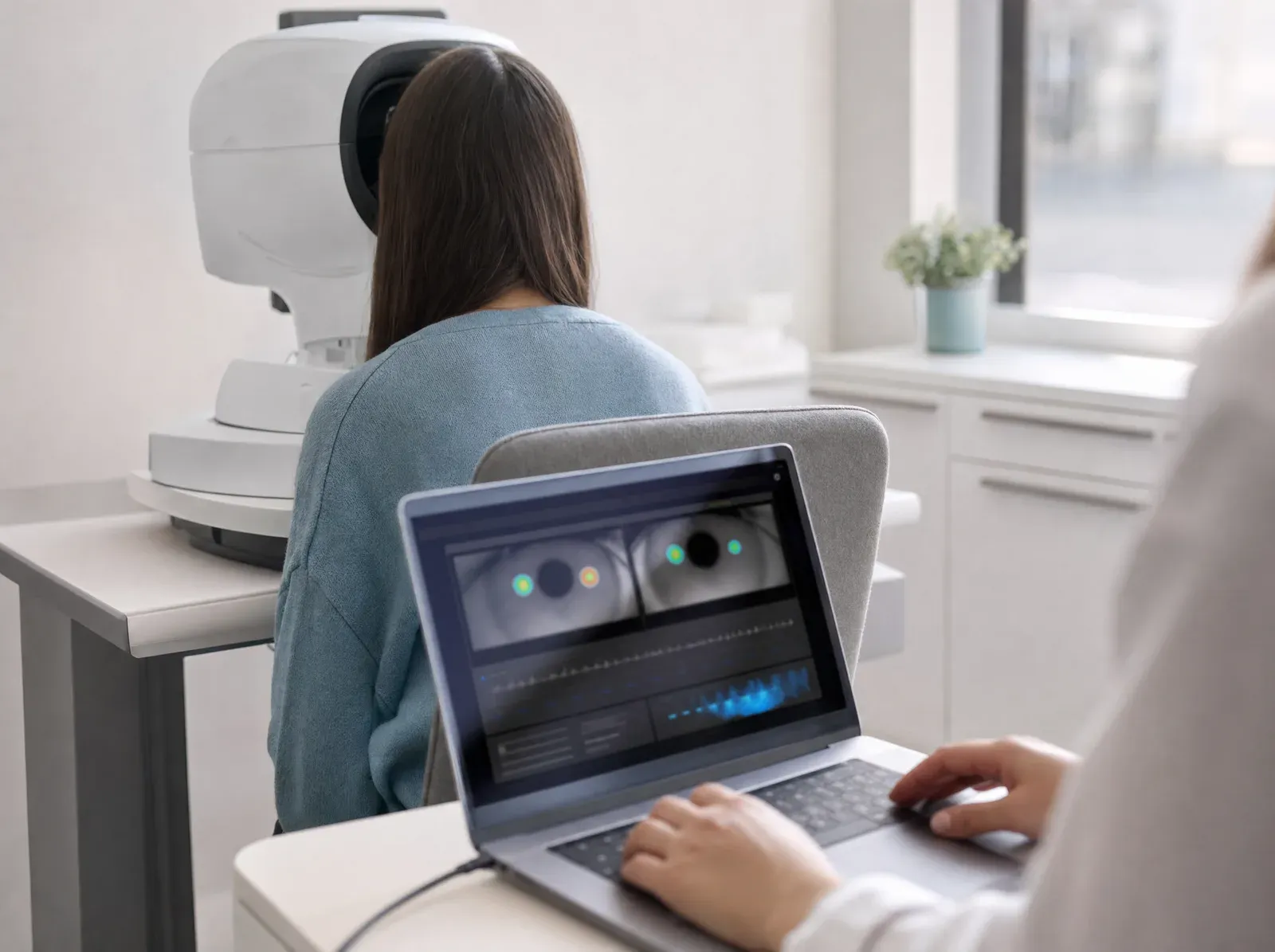 A patient seen from behind at an eye-tracking device, with a clinician's hands on a laptop showing a pupil-tracking readout.