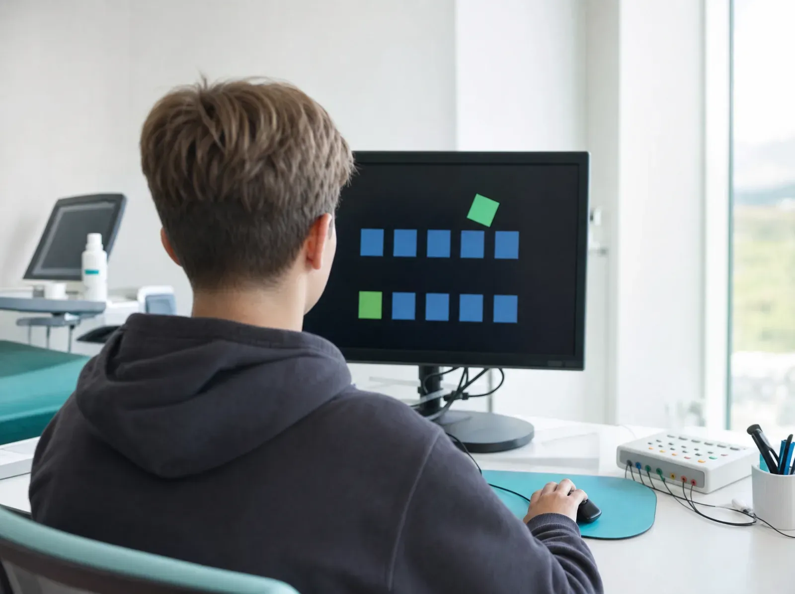 Over the shoulder of a teenage patient completing a reaction-time test at a computer.