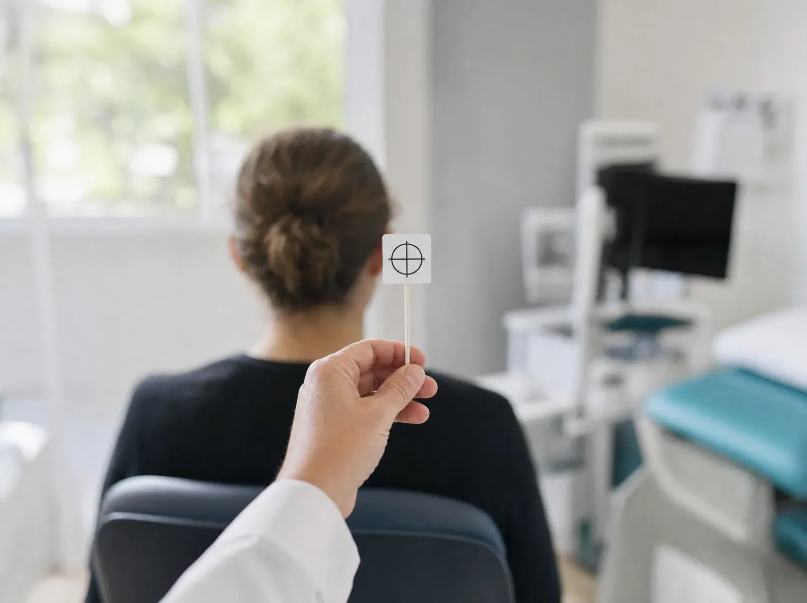 A clinician's hand holding a small fixation target in front of a seated patient during vestibular screening.