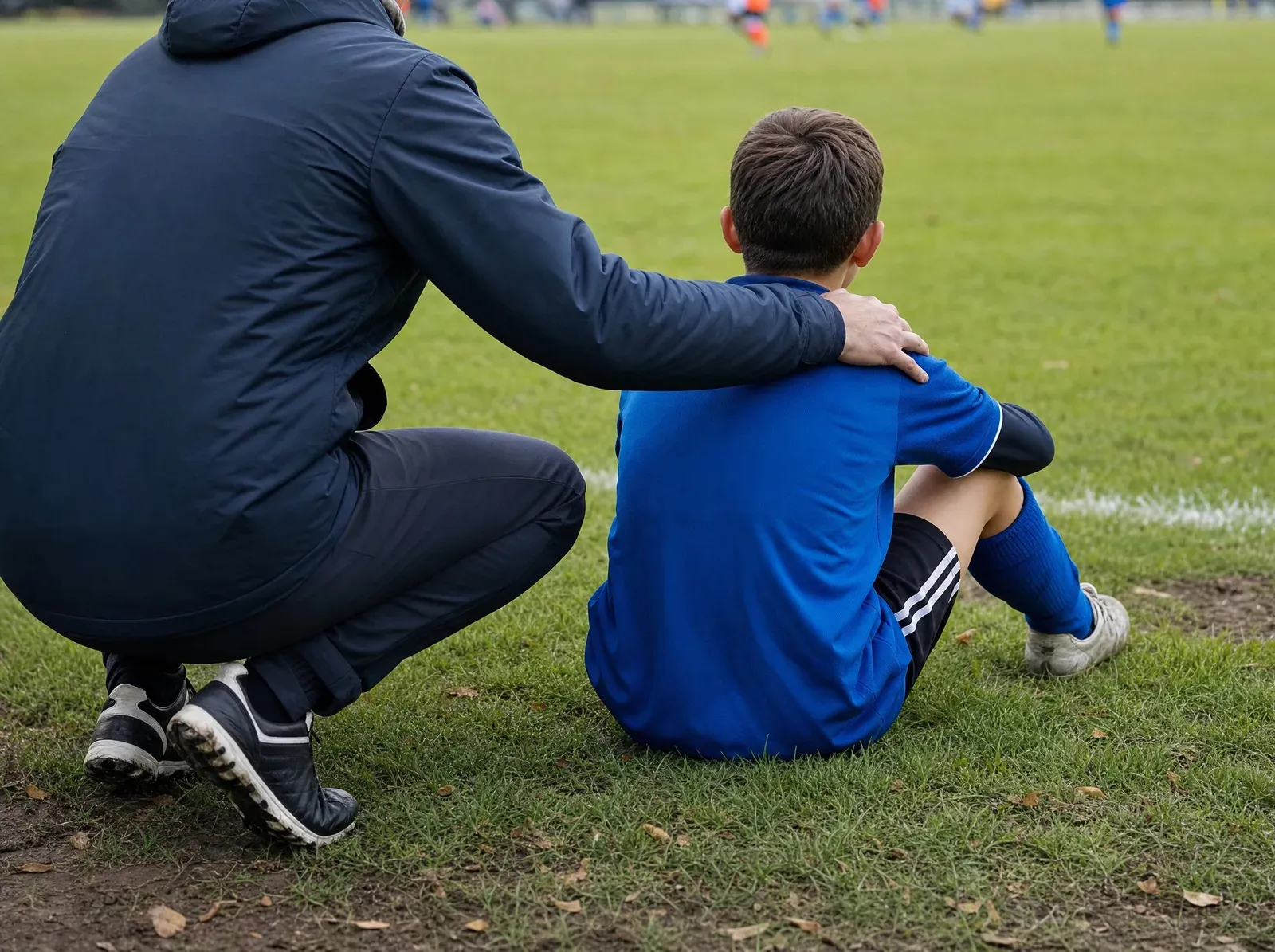 A coach crouching beside a young footballer sitting on the touchline, a hand on their shoulder.